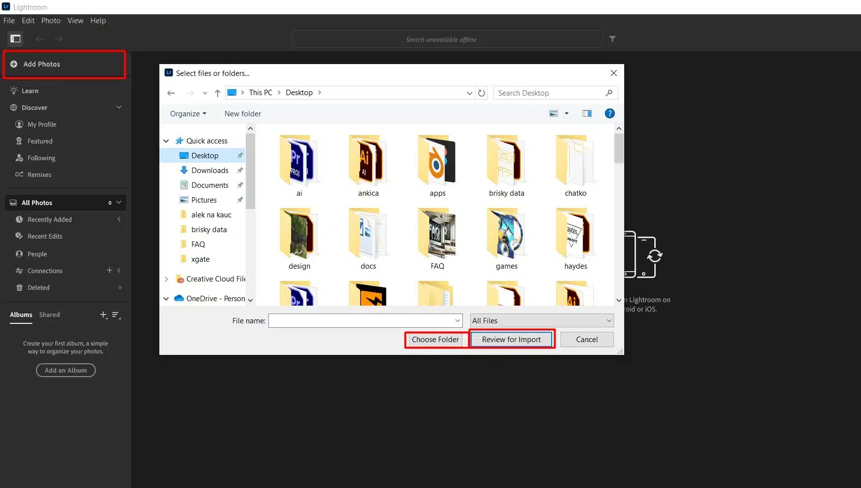 Screenshot of Adobe Lightroom interface with an open file explorer window showing various folders on the desktop. The "Add Photos" option is selected, and the options "Choose Folder" and "Review for Import" are highlighted.