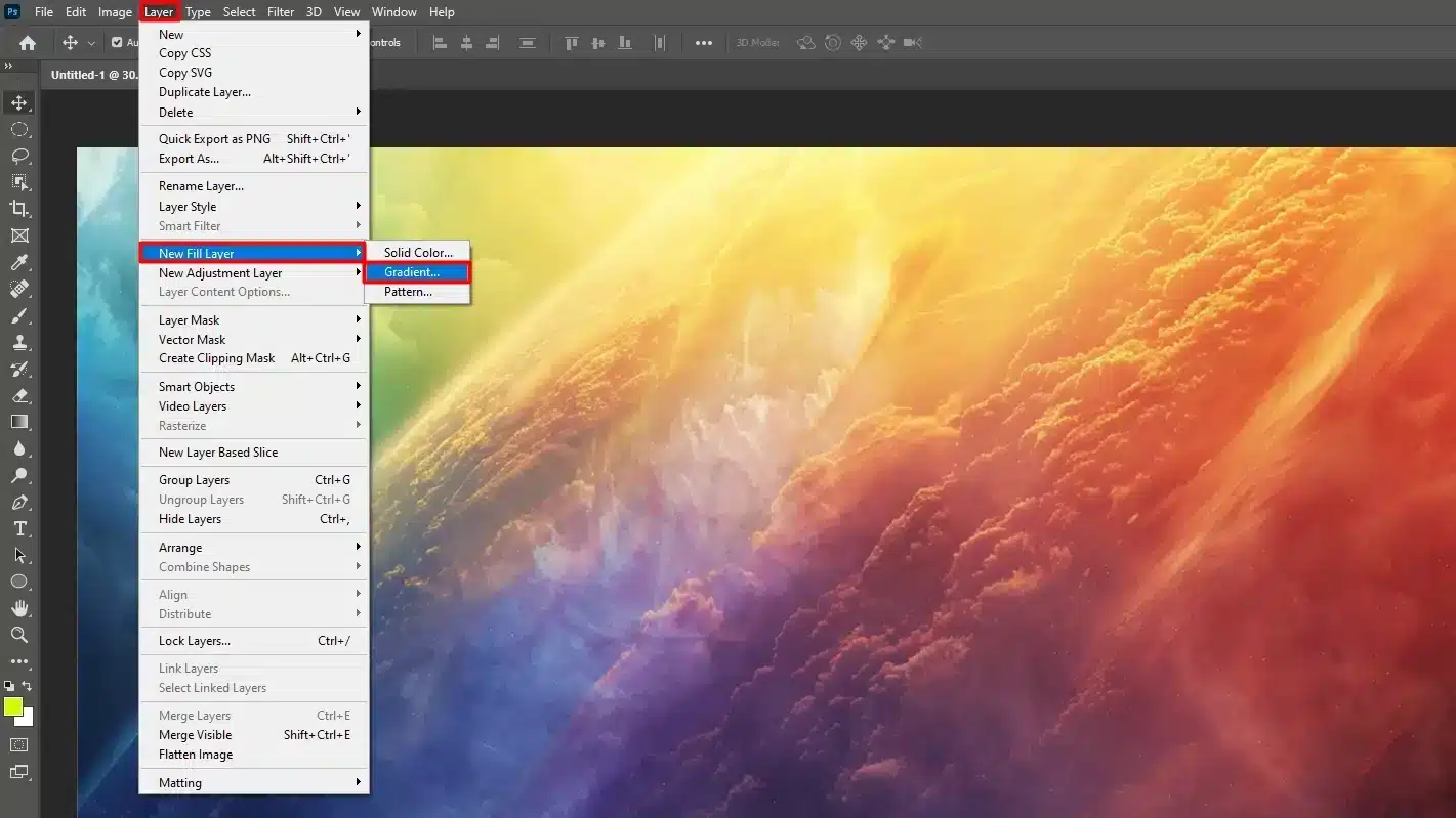 A Photoshop interface with the "Gradients" panel open, highlighting the selection of gradient presets against a vivid sky and cloud background.