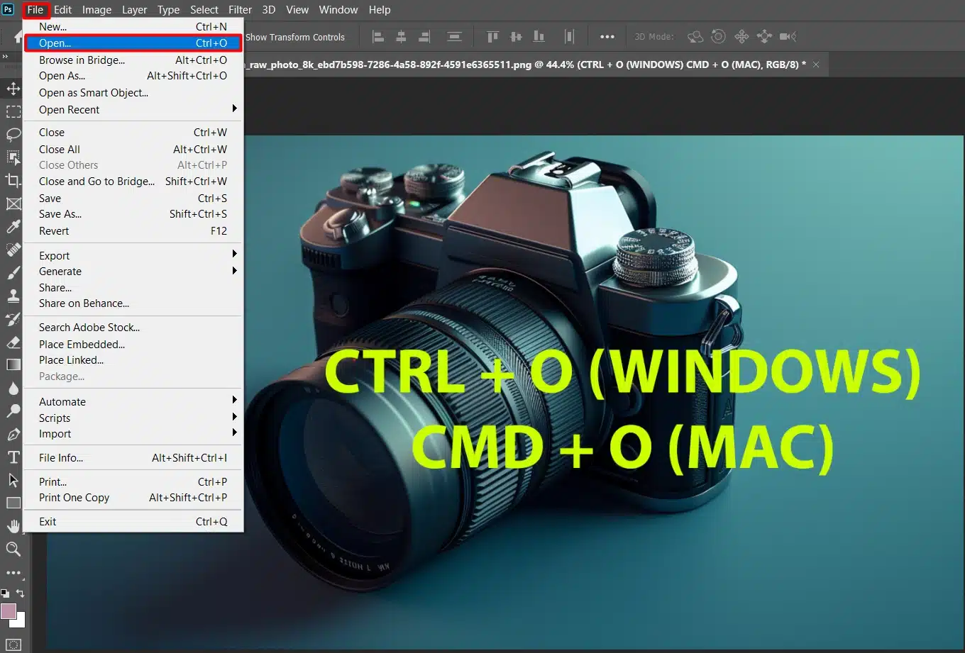 Adobe Photoshop interface with the File menu open, highlighting the Open option, and instructions for opening an image in Camera Raw.