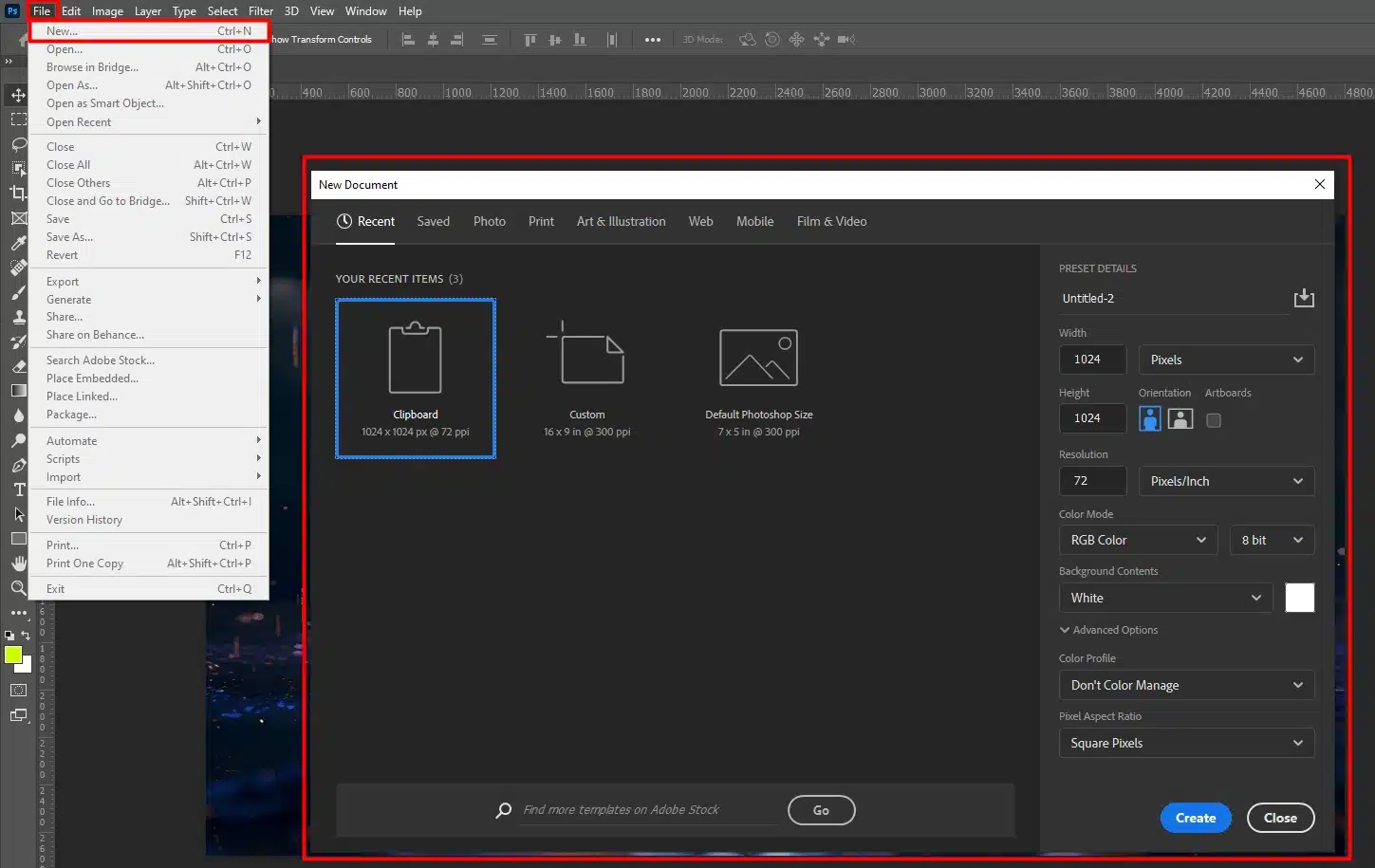 Photoshop interface showing the process of opening a new document