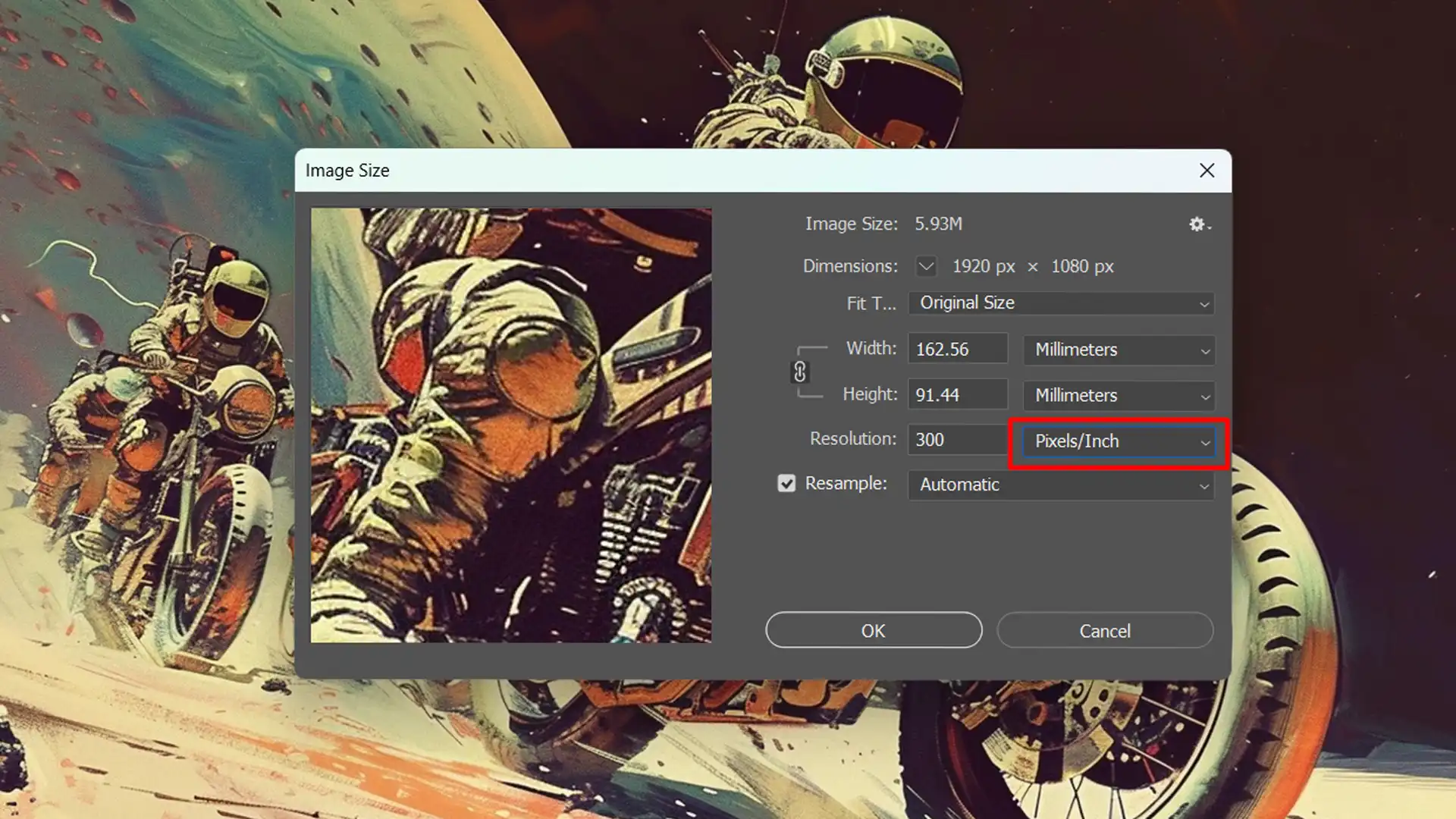 A screenshot of the Adobe PDF save settings window with options for color conversion and destination profile, overlaid on an artistic depiction of space-suited bikers.