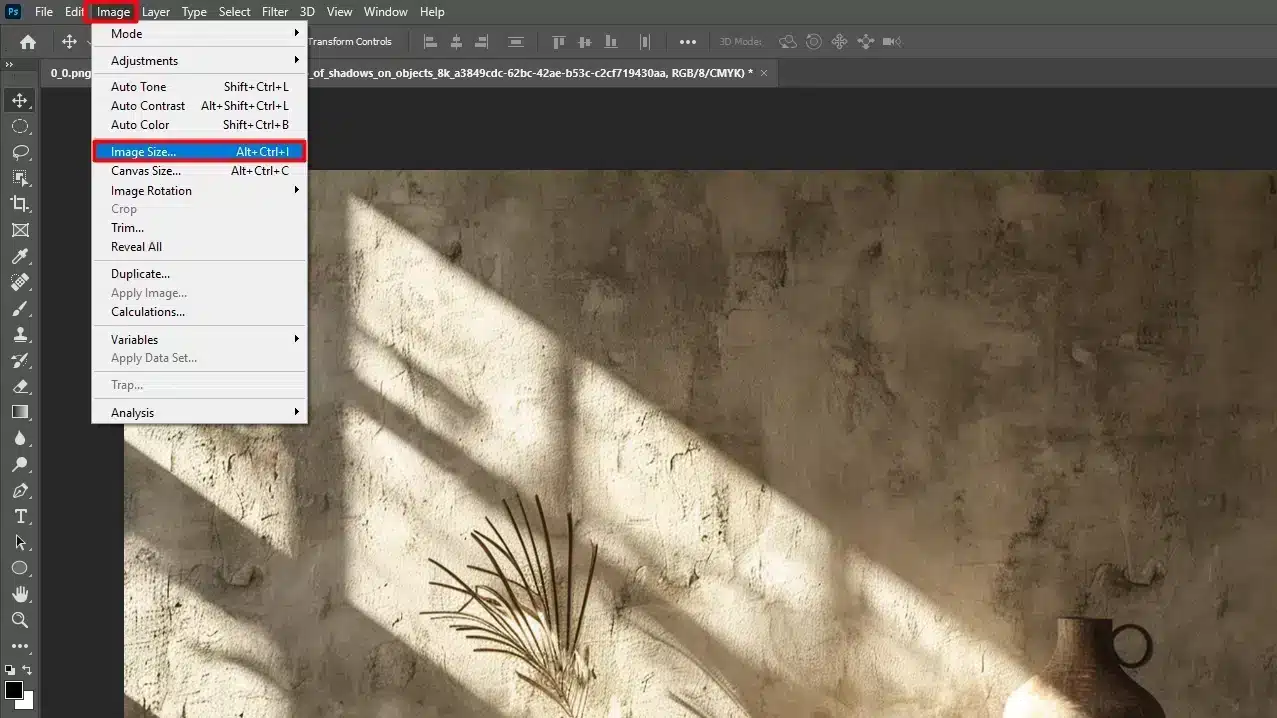 A screenshot of Photoshop showing an image of a vase with sunlight streaming through a window, highlighting the process of adjusting image size in the menu, illustrating the difference between high resolution and web size.