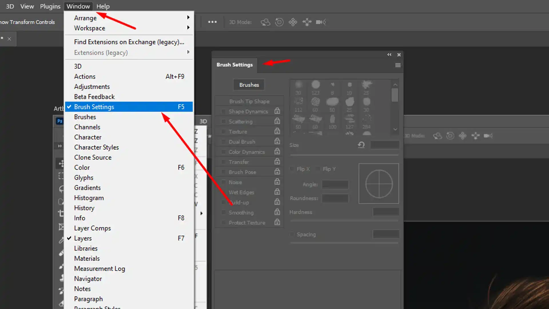 Screenshot of a graphics editing software interface with the ‘Settings’ window open, showing various options such as Size, Angle, Roundness, and Hardness.