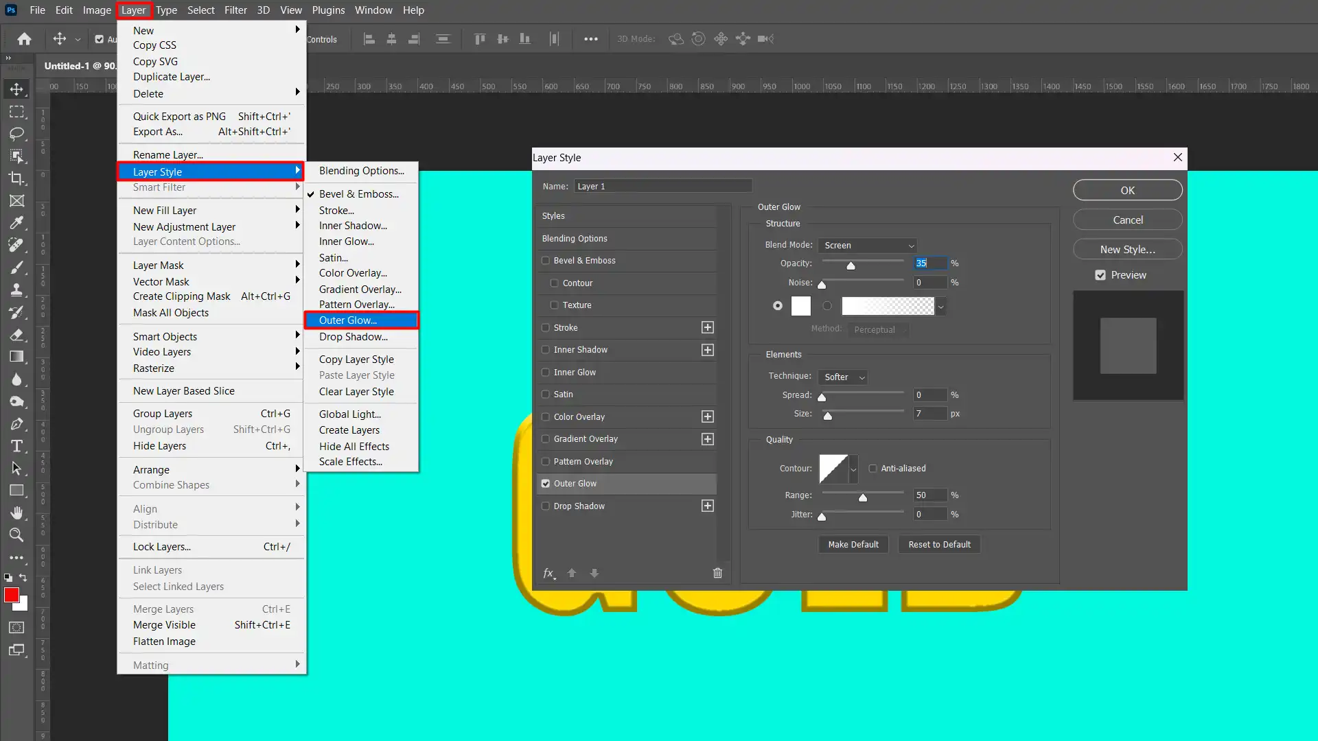 Screenshot showing the selection of the "Outer Glow" option from the "Layer Style" menu in Photoshop, with customization options for glow effects.