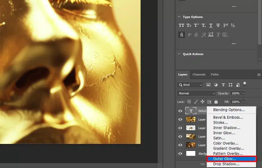 Adding an Outer Glow effect to enhance gold colors in Photoshop.