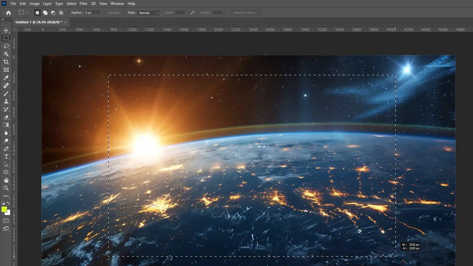 Sunrise over Earth with rectangular marquee tool selection