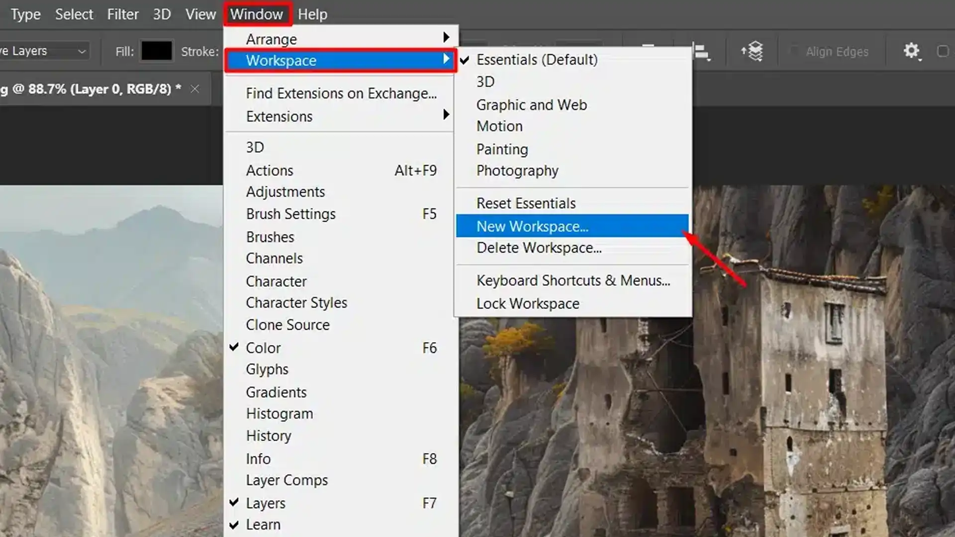 Menu screenshot highlighting 'Window' tab with 'Workspace' options