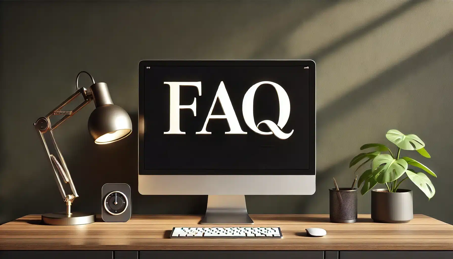 A PC screen displaying the letters 'FAQ' in large, bold text, set in a stylish environment with a dark green blank wall. The desk is clean and modern with minimalistic decor.