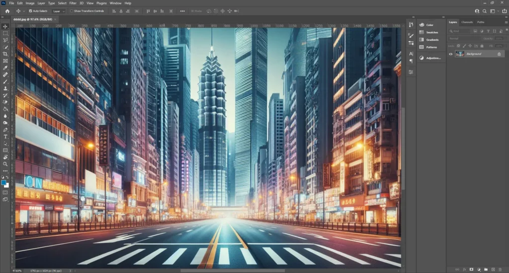 Photoshop interface showcasing an urban cityscape with tall buildings, detailed lighting, and reflective surfaces, used as an example for creating metallic effects.