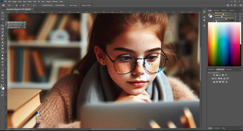 Close-up of Photoshop interface displaying selection tools and layers, focusing on creating portrait backgrounds.