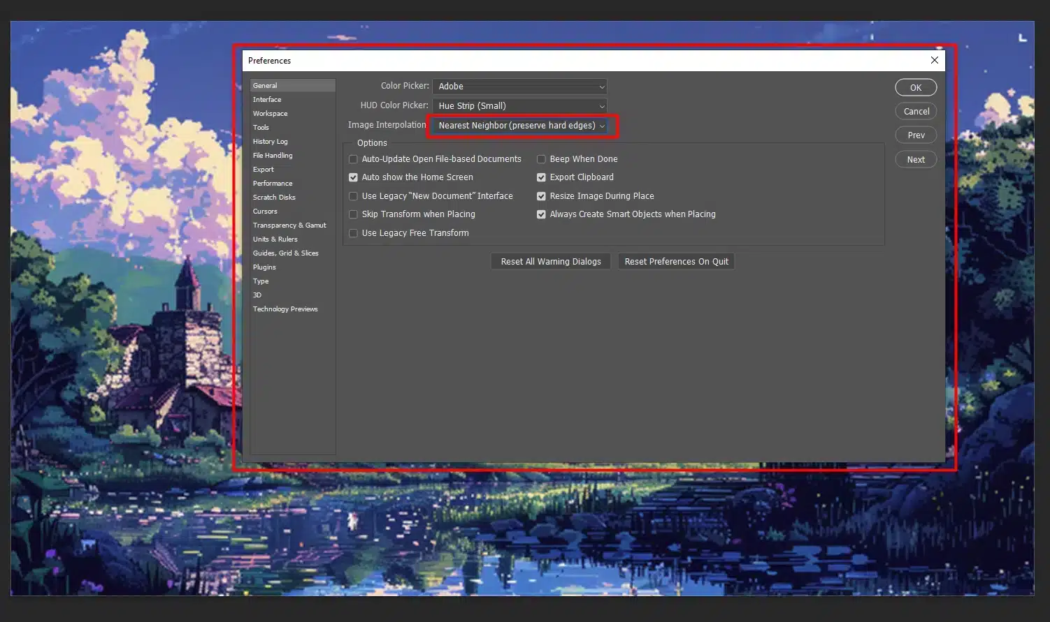 Detailed view of settings focusing on choosing the correct interpolation method for pixels art resizer.