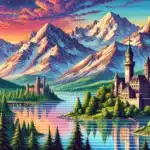 A pixel art scene featuring a majestic mountainous landscape with snow-capped peaks, a serene lake, a colorful sunset sky, and a medieval castle overlooking a lush forest.