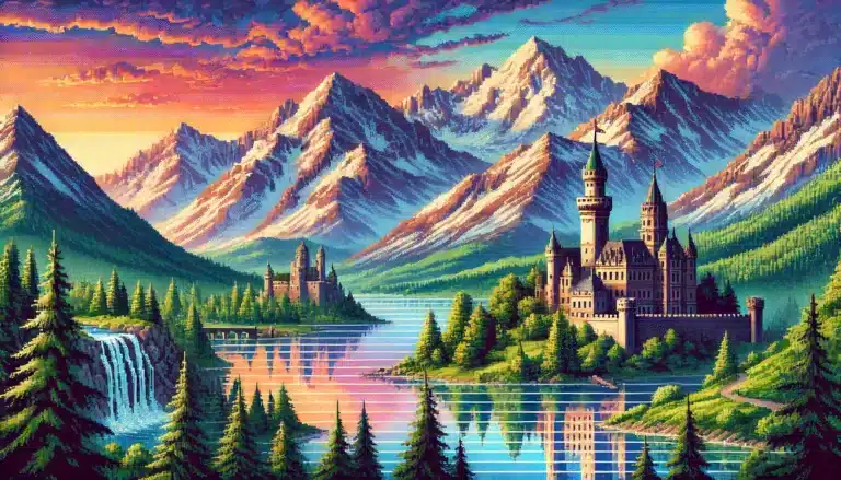 A pixel art scene featuring a majestic mountainous landscape with snow-capped peaks, a serene lake, a colorful sunset sky, and a medieval castle overlooking a lush forest.