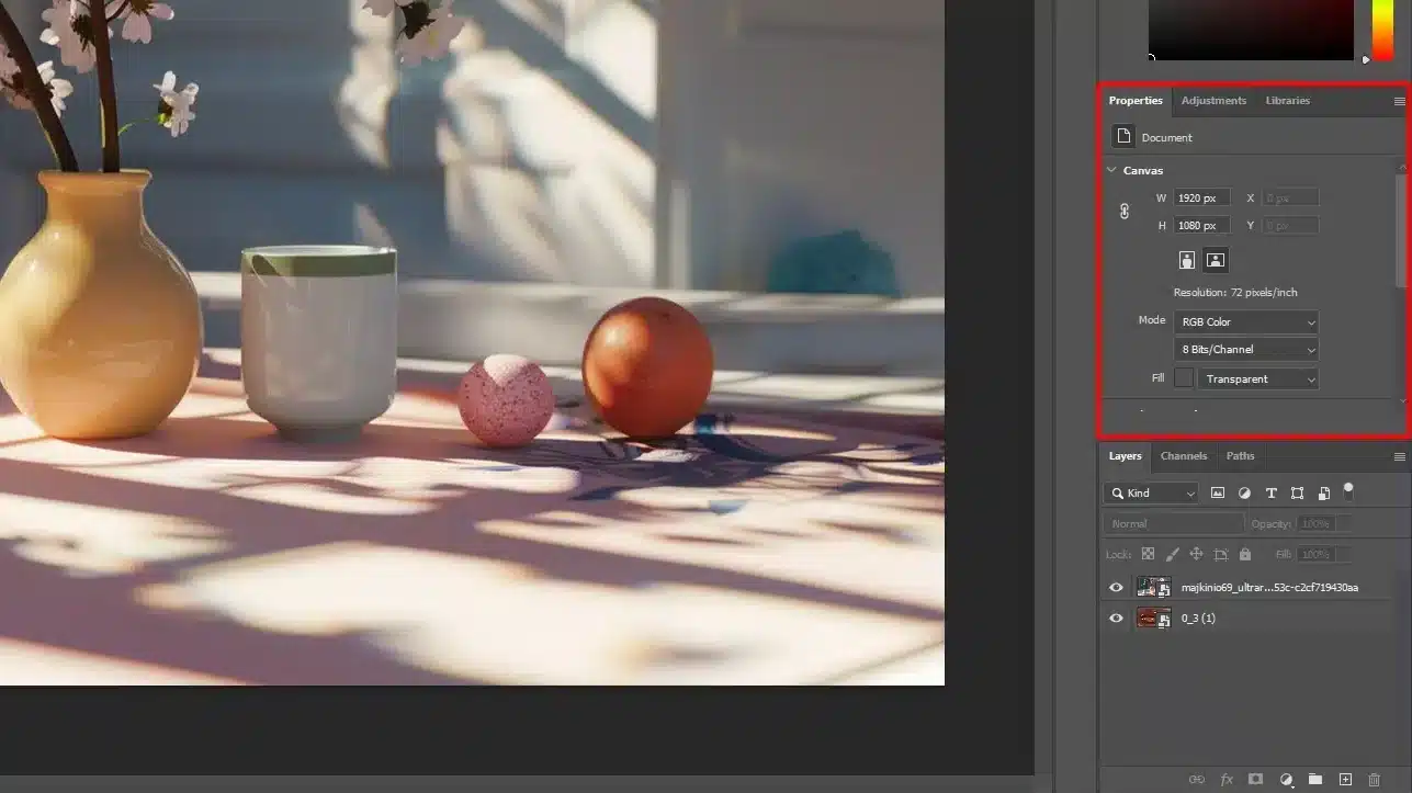 Photoshop workspace showing a vase scene, demonstrating canvas size adjustment for web optimization