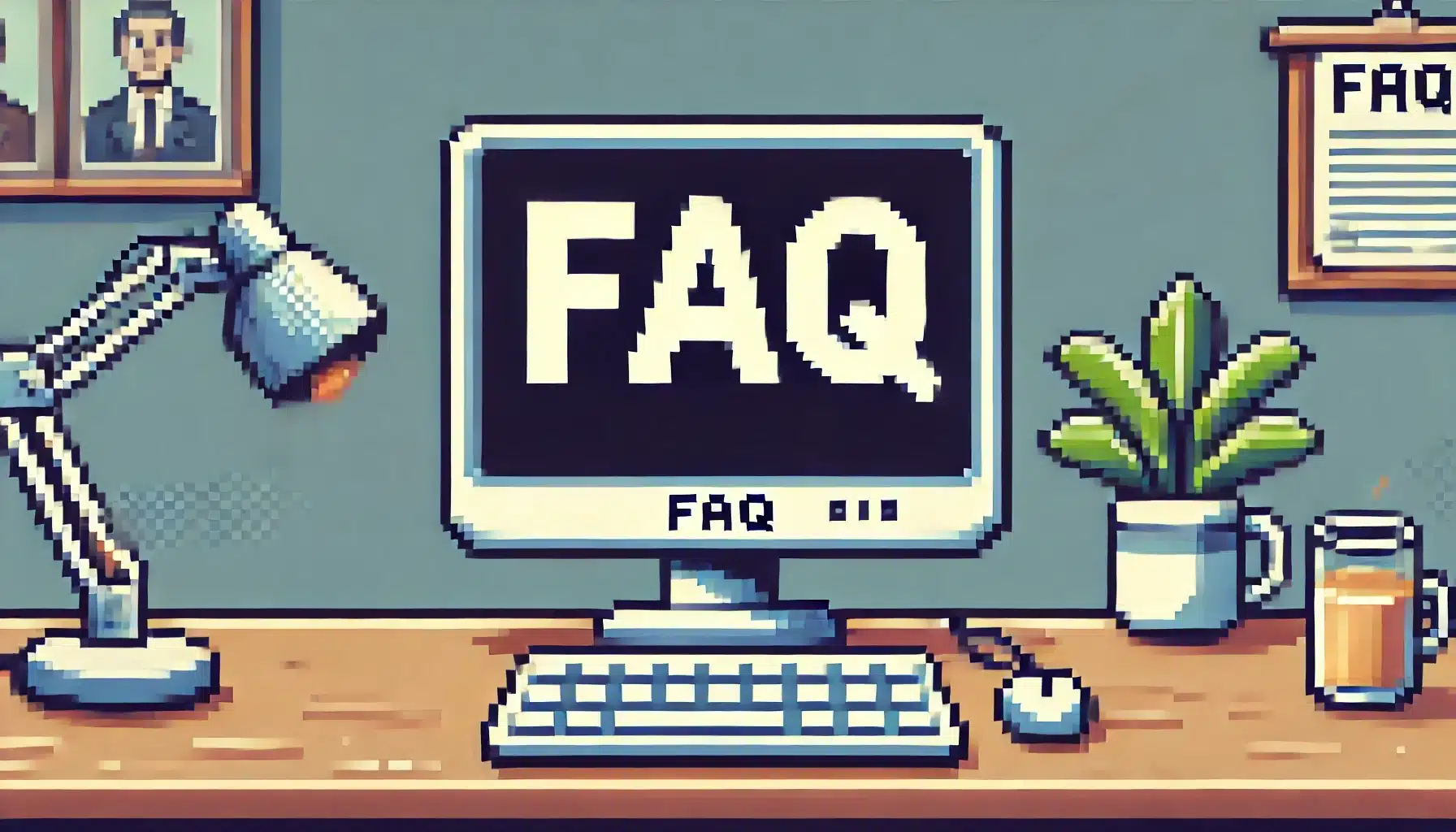 Pixels style image of a computer monitor displaying "FAQ" in large, bold letters.