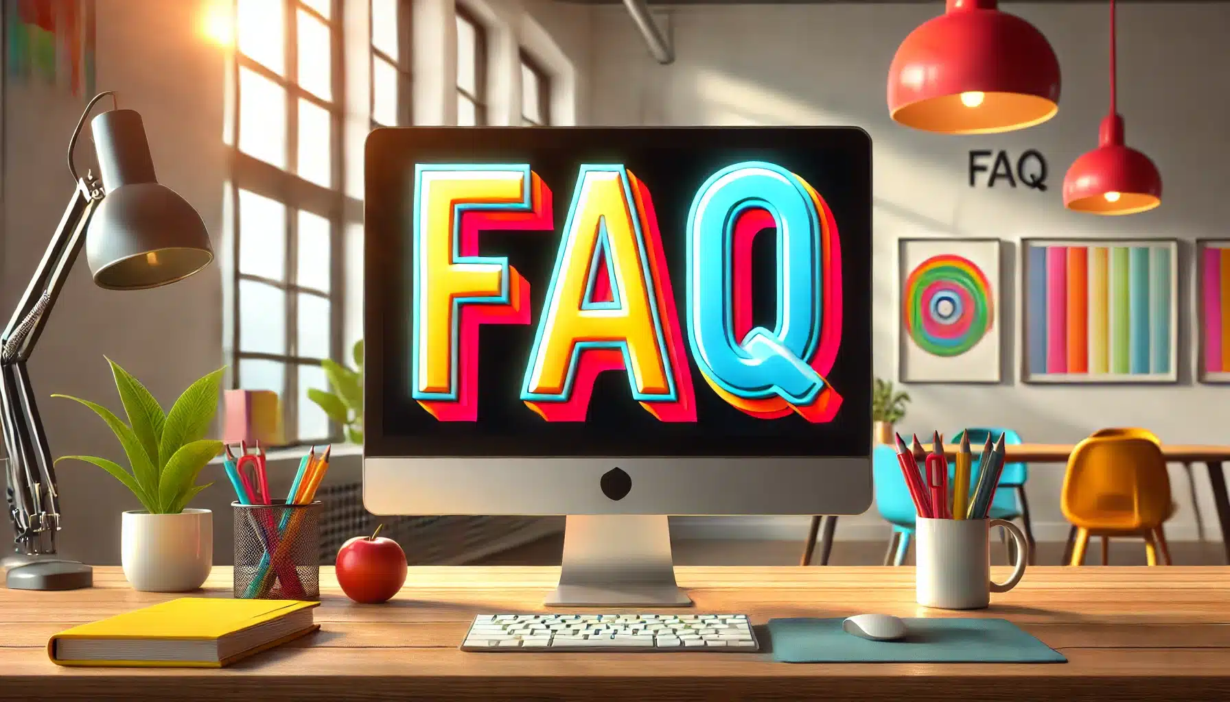 A PC screen displaying the letters 'FAQ' in large, bold, colorful text, set in a vibrant, modern office with bright decor, a clean desk, and colorful stationery.