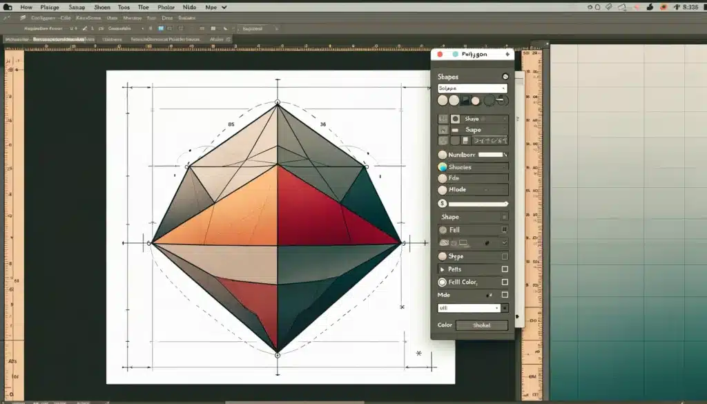 Plain screenshot of Adobe Photoshop interface with the Polygon Tool selected, showing the toolbar with Shape Tool options highlighted. The Options Bar displays settings for the Polygon Tool in Photoshop, including sides, mode, fill, stroke, and dimensions. The canvas features a polygon being drawn with adjustment handles, and the Properties Panel on the right shows additional customization options.