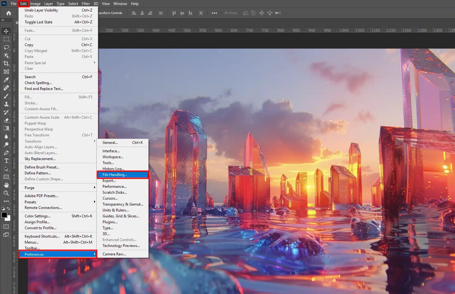 Photoshop Preferences window open to the File Handling section.