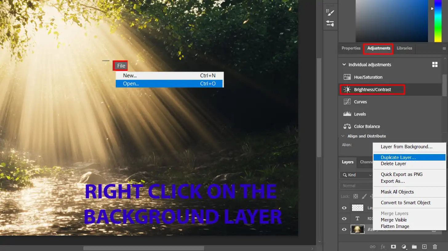 Photoshop interface showing the 'File' menu and the option to duplicate the background layer
