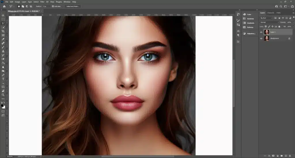 Photoshop interface showing a high-quality portrait of a woman, with a duplicated photo layer visible in the Layers panel.