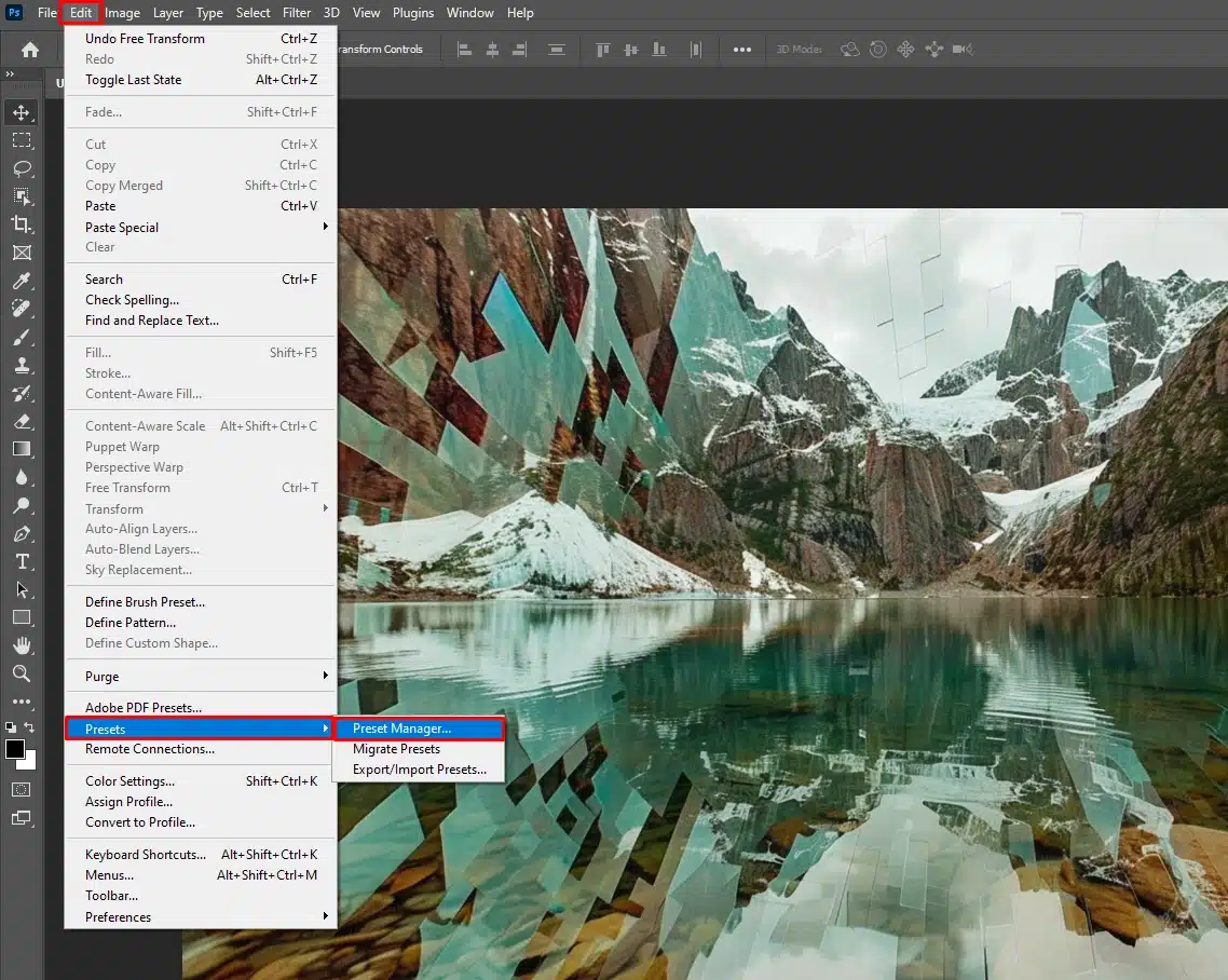 Photoshop interface with the 'Edit' menu open, highlighting the 'Preset Manager' option within the Photoshop Menu Bar.