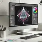 Modern workspace with a computer displaying Adobe Photoshop, showing the Multi-Sided Form Tool and a complex geometric form being created.