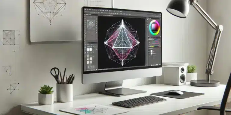 Modern workspace with a computer displaying Adobe Photoshop, showing the Multi-Sided Form Tool and a complex geometric form being created.