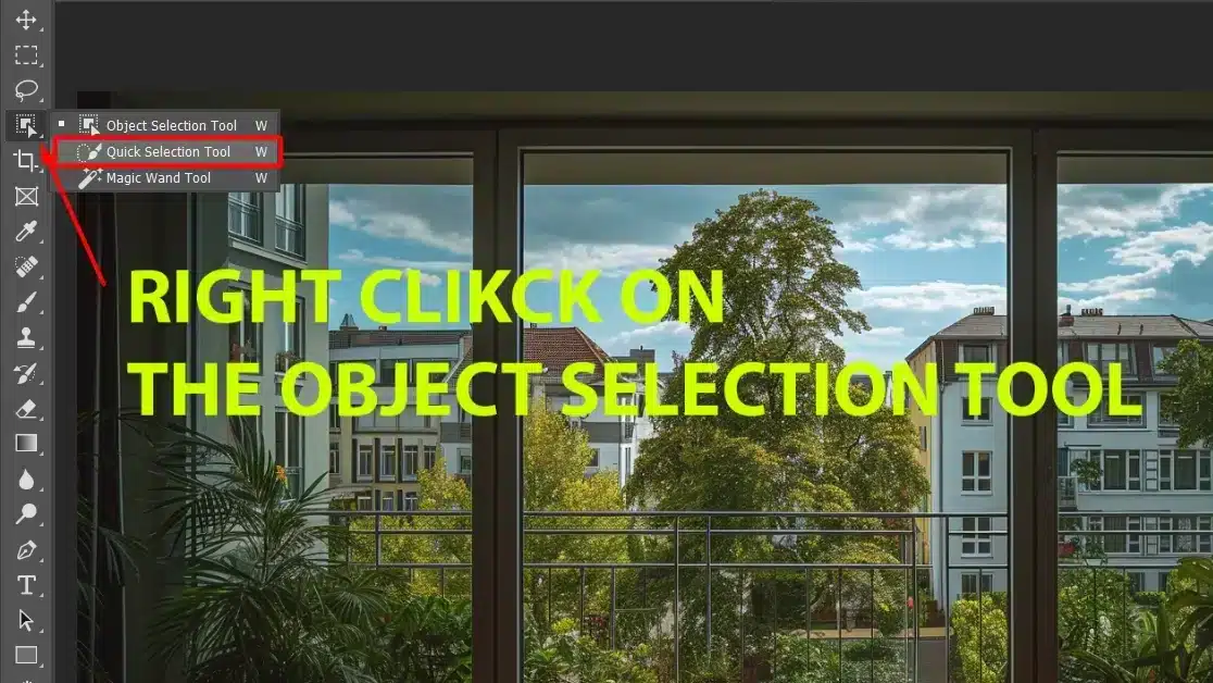 Photoshop interface highlighting how to access the Quick Selection tool