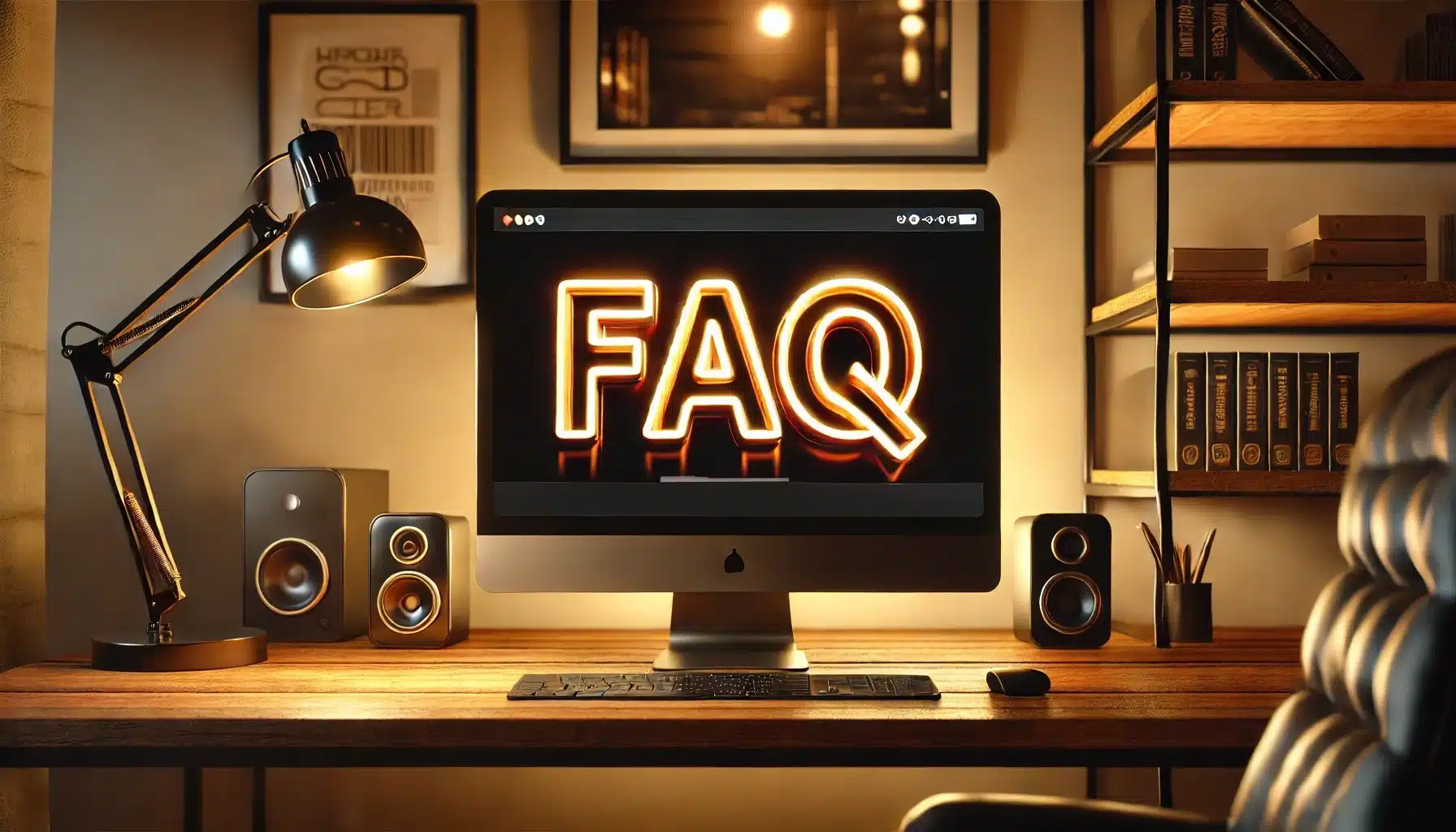 A PC in a cozy home office with a blank screen, warm lighting, a wooden desk with LED lights, and black matte metal frames in the background.