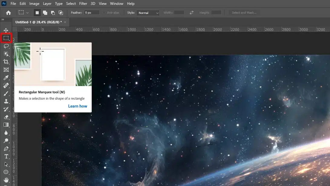 Photoshop interface with rectangular marquee tool icon highlighted