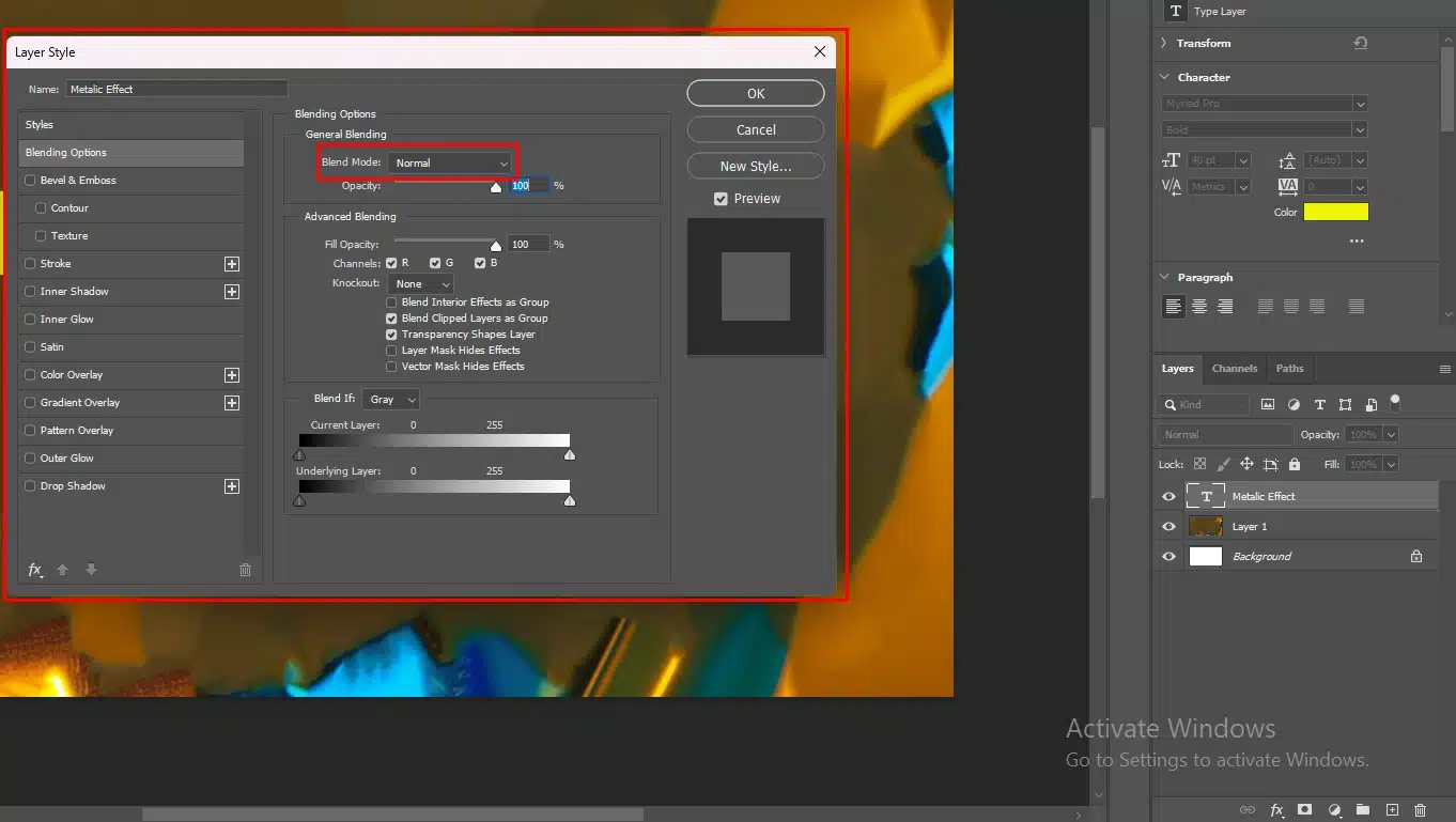 Screenshot of the Photoshop interface showing the Layer Style dialog box with various blending options.