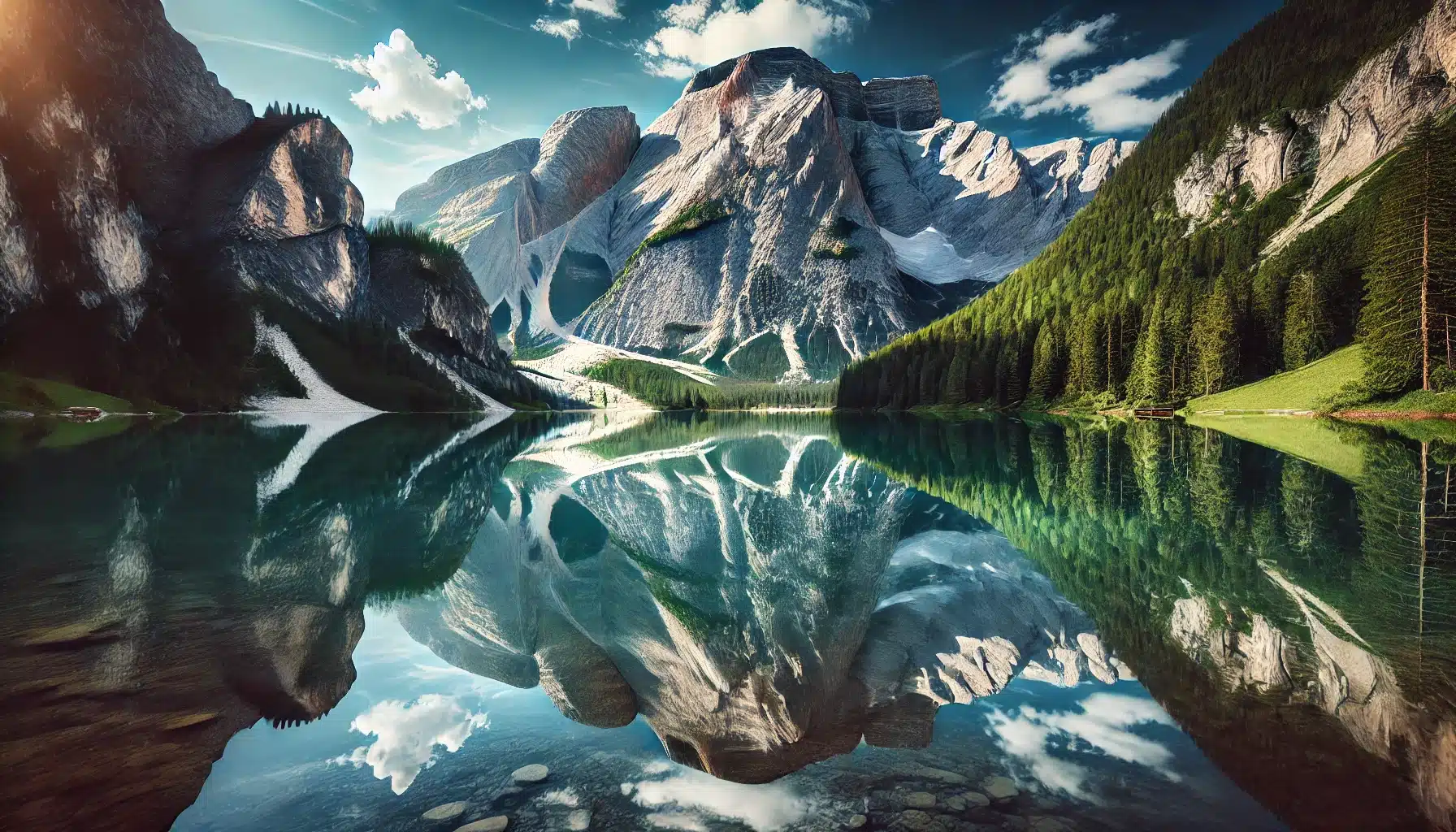 Reflection of a majestic mountain peak in a crystal-clear lake, with the surrounding lush greenery and a deep blue sky with scattered clouds, captured in stunning detail.