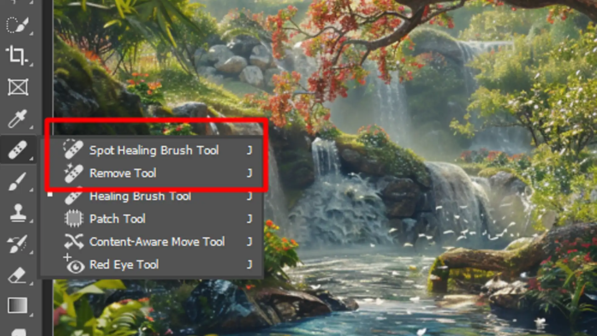 A screenshot of a photo editing software toolbar with various healing tools selected, including the Spot Healing Brush Tool, Remove Tool, Healing Brush Tool, Patch Tool, Content-Aware Move Tool, and Red Eye Tool.