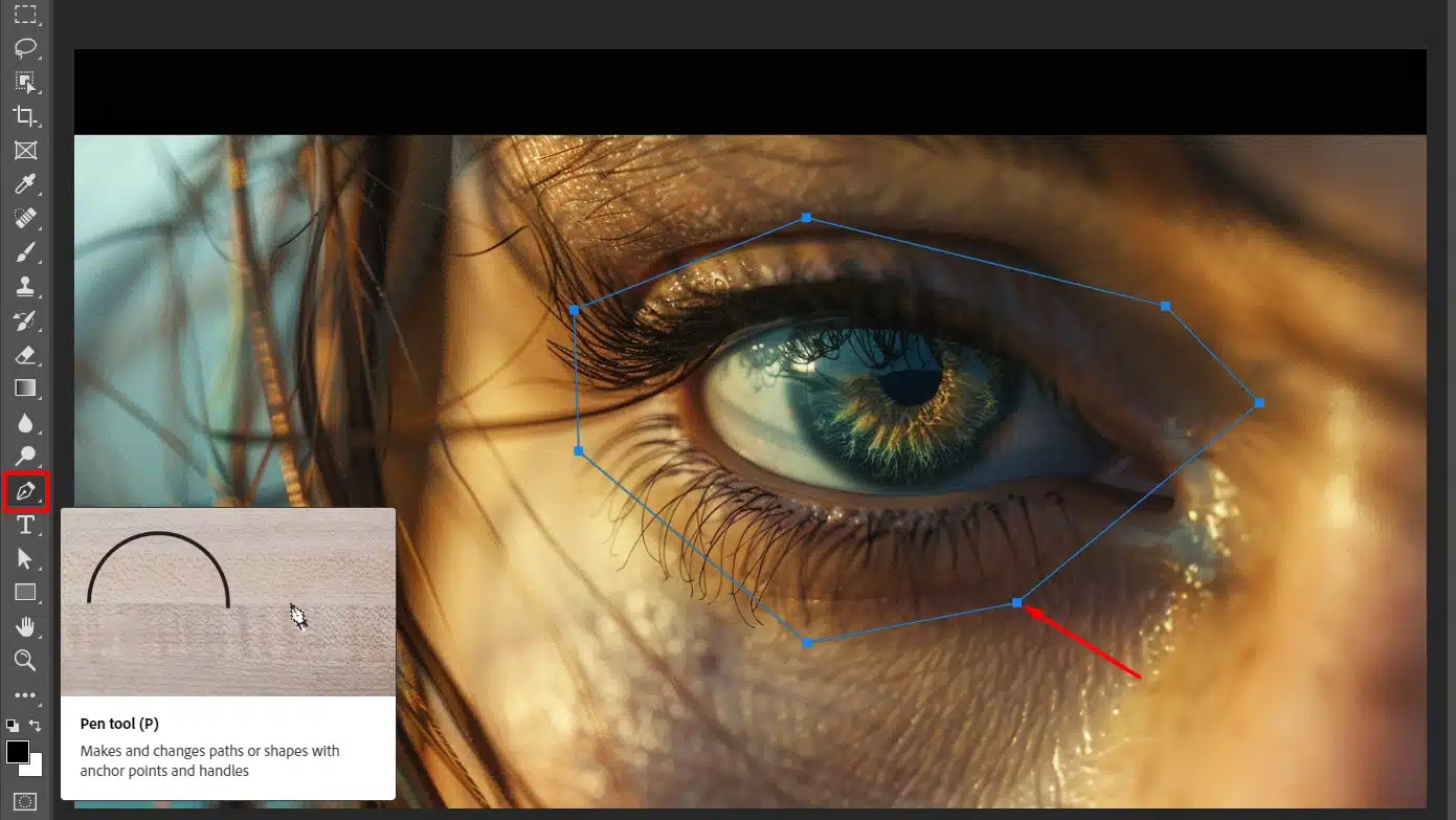 Close-up of a woman's eye with the Pen Tool highlighted in the Photoshop toolbar. The Pen Tool's path is visible around the eye area.