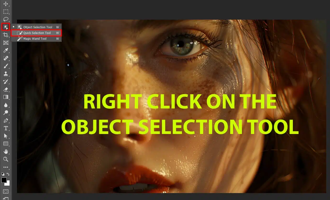 Close-up of a woman's face with the Object Selection Tool highlighted in the Photoshop toolbar. The text 'RIGHT CLICK ON THE OBJECT SELECTION TOOL' is displayed in large yellow letters.