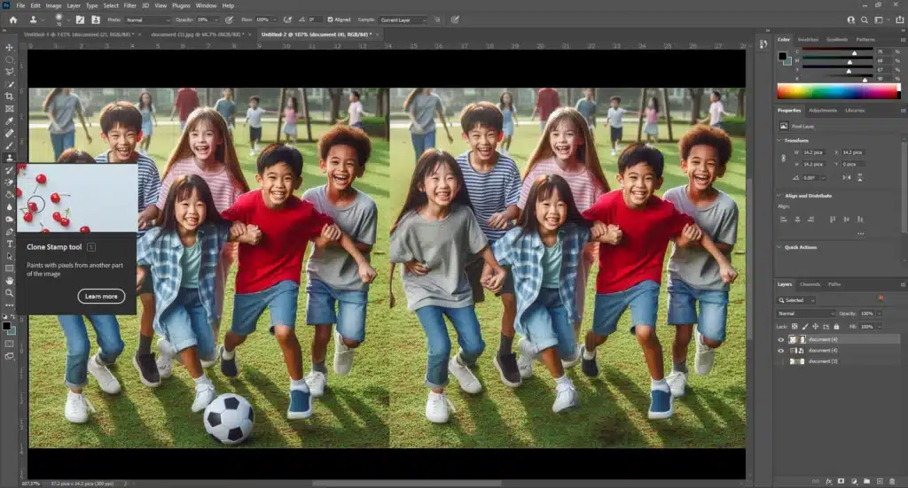 A comparison image showing the use of the Clone Stamp Tool in Photoshop to remove a soccer ball from a group of children playing. The left side shows the original photo with the soccer ball, and the right side displays the edited version with the ball removed, demonstrating skin smoothing.