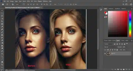 Before and after comparison of a woman's face showing shadow removal using Photoshop. By using method of Fixing Shadows in Photoshop and following Photoshop Shadow Removal Tutorial you can get these results.