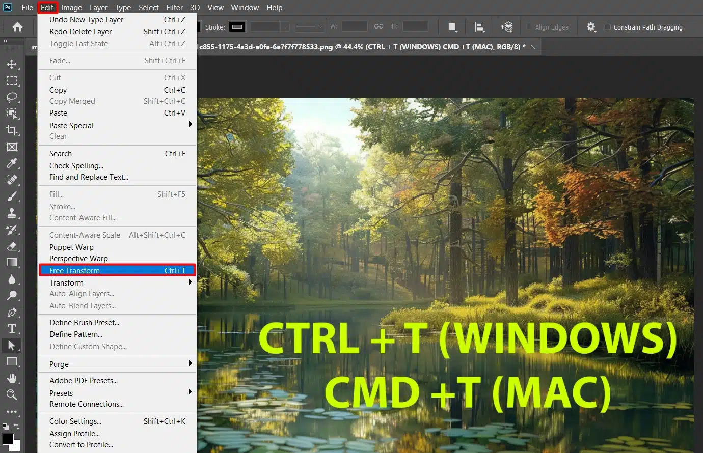 Photoshop menu showing the Free Transform option highlighted