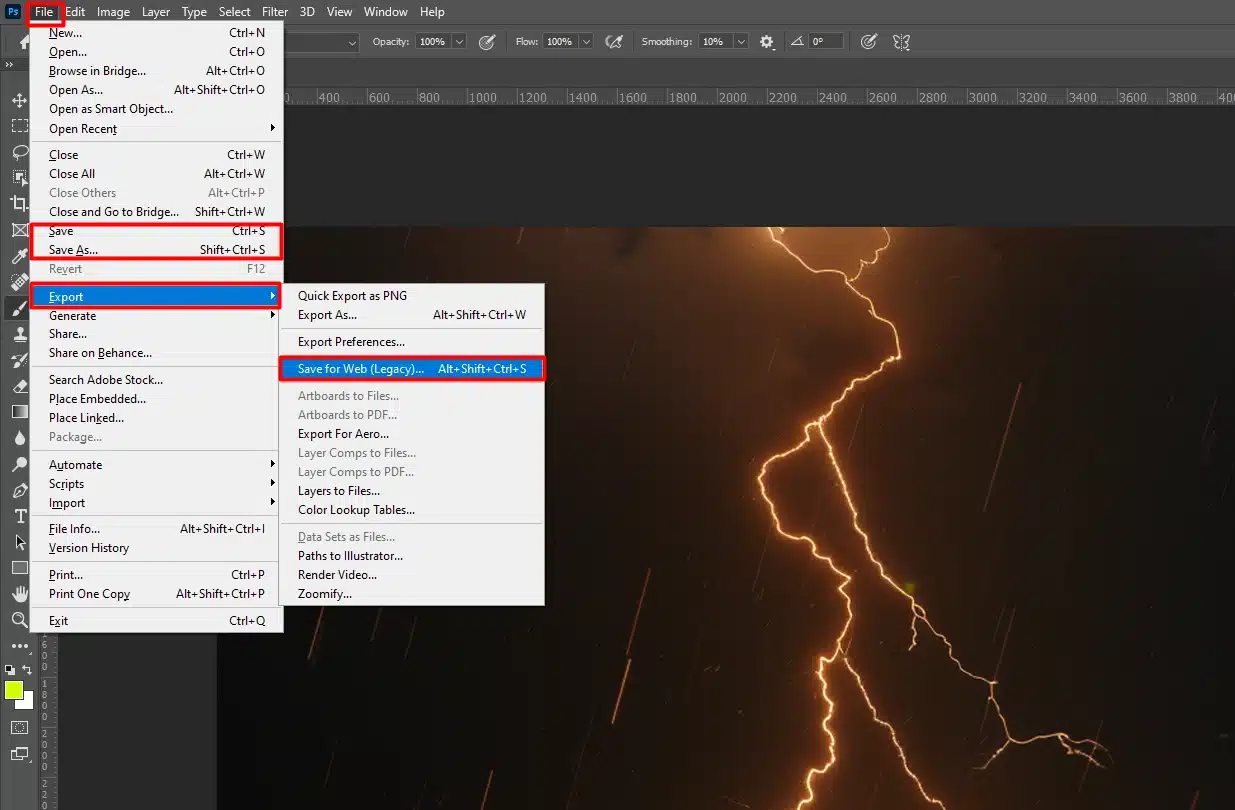 Photoshop interface showing the Save for Web option