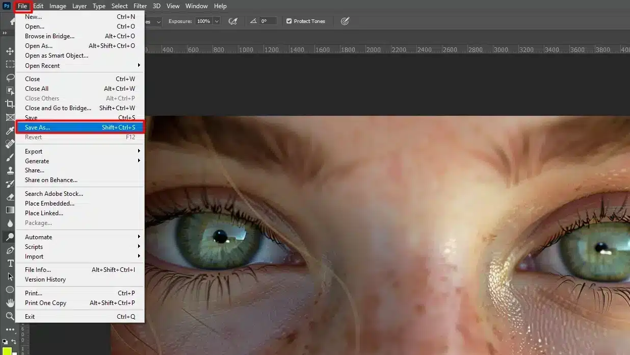 Photoshop screen with the 'Save As' dialog open, demonstrating the saving process in an eye editing tutorial.