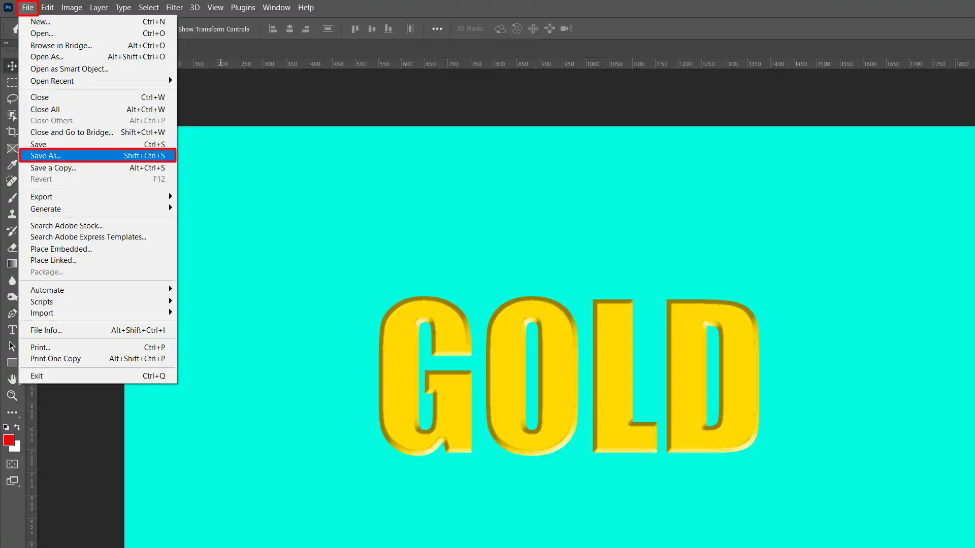 Screenshot showing the "Save As" option in the "File" menu in Photoshop, used for saving and exporting the final gold text image.