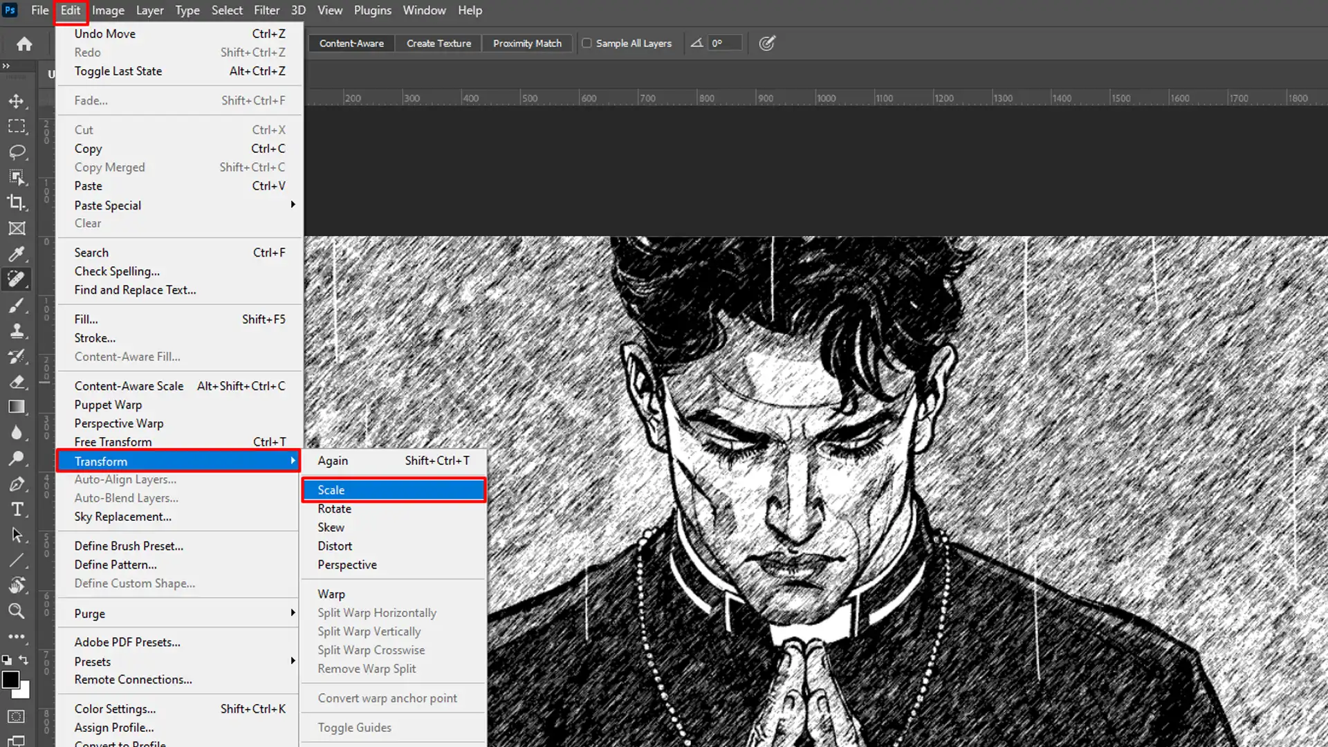 Photoshop interface with the Scale option highlighted under the Edit menu's Transform submenu, showing a sketch effect applied to a portrait.