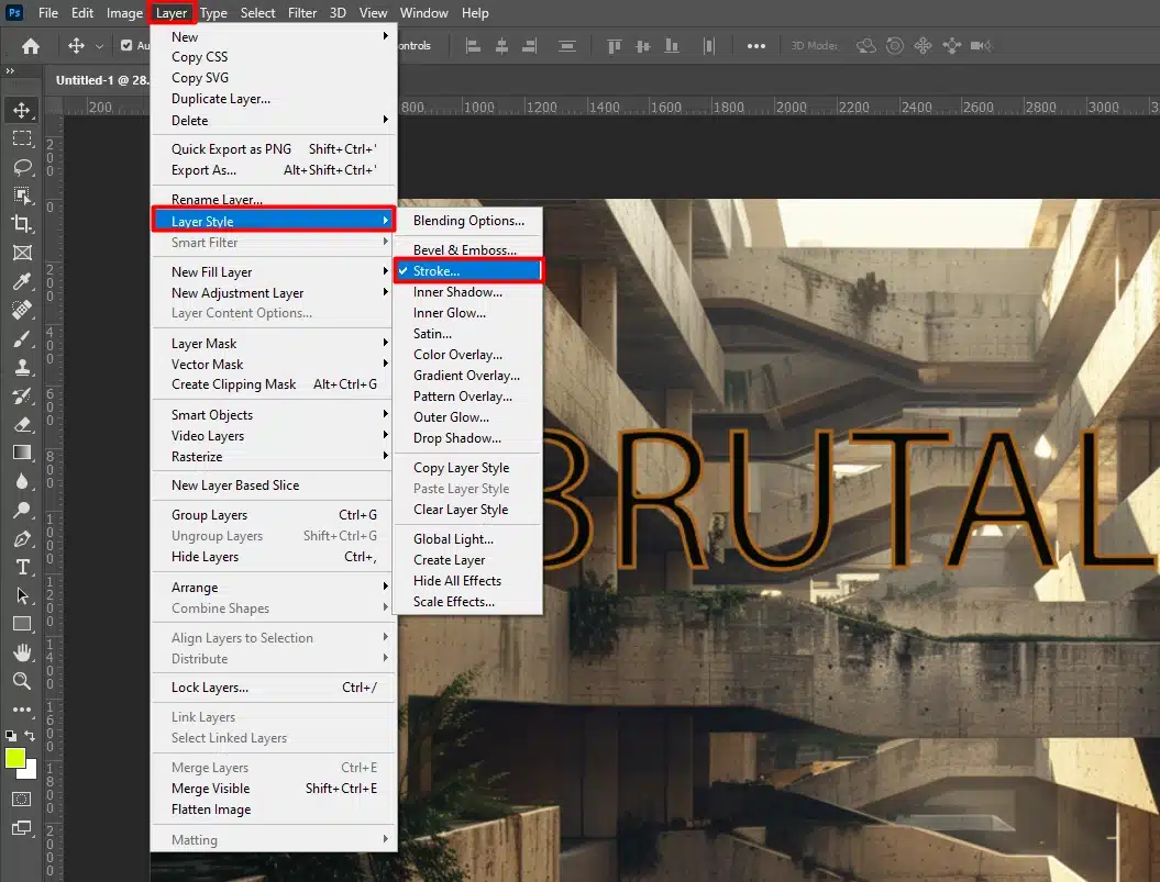 The Layer Style menu showing the stroke option being selected.