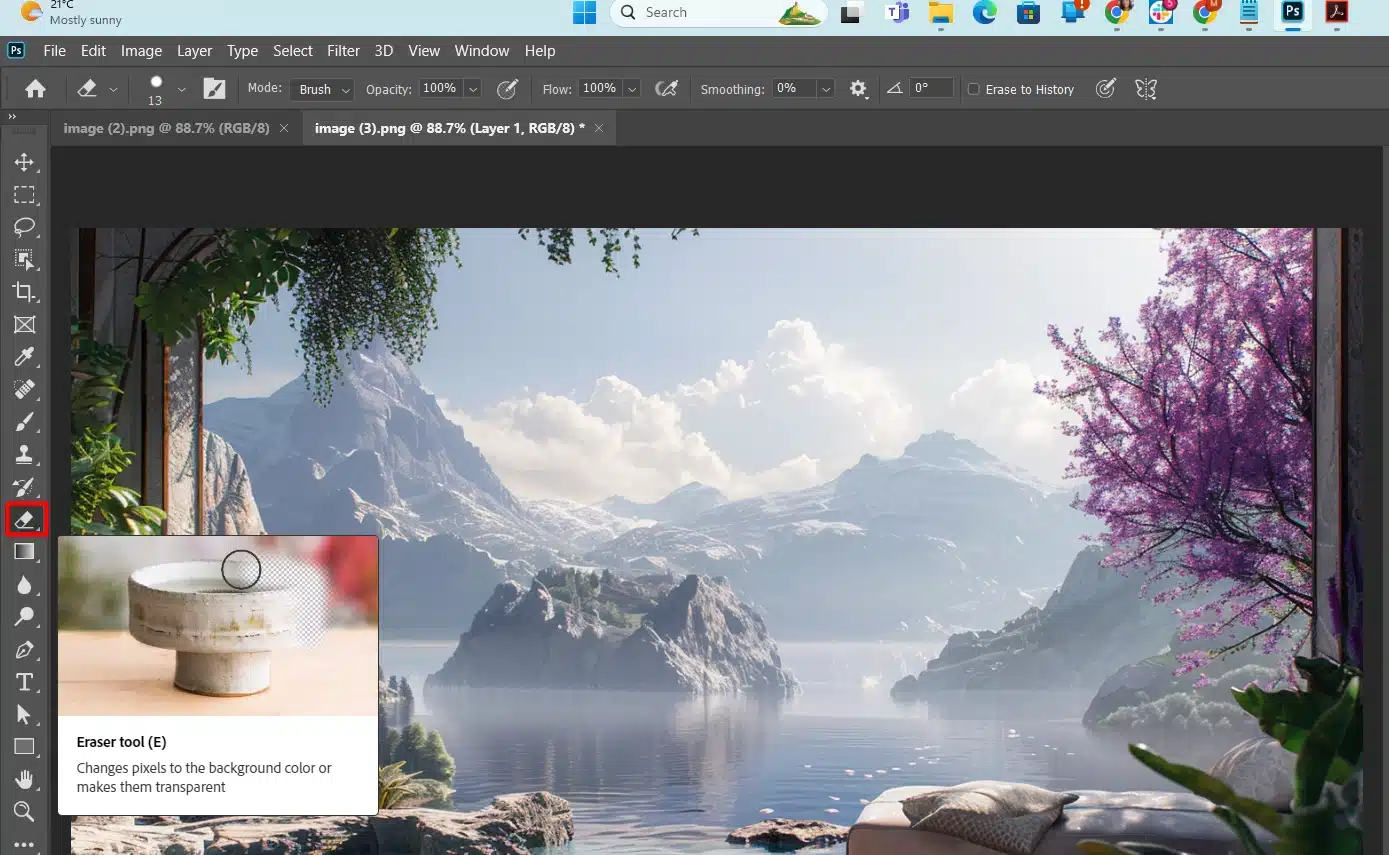 Photoshop interface showing the Eraser Tool highlighted in the toolbar with a background image of a serene lake and mountains. The tool's information box describes its function.