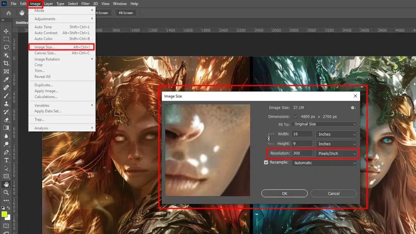 Photoshop image size settings for PPI adjustment