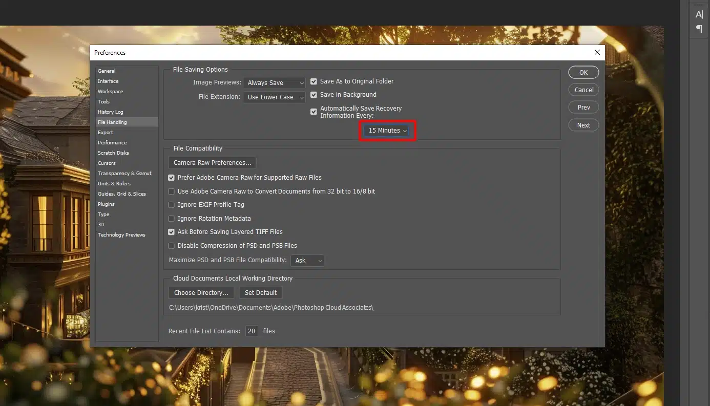 File Handling section in Photoshop Preferences with the auto-save option set to 15 minutes.