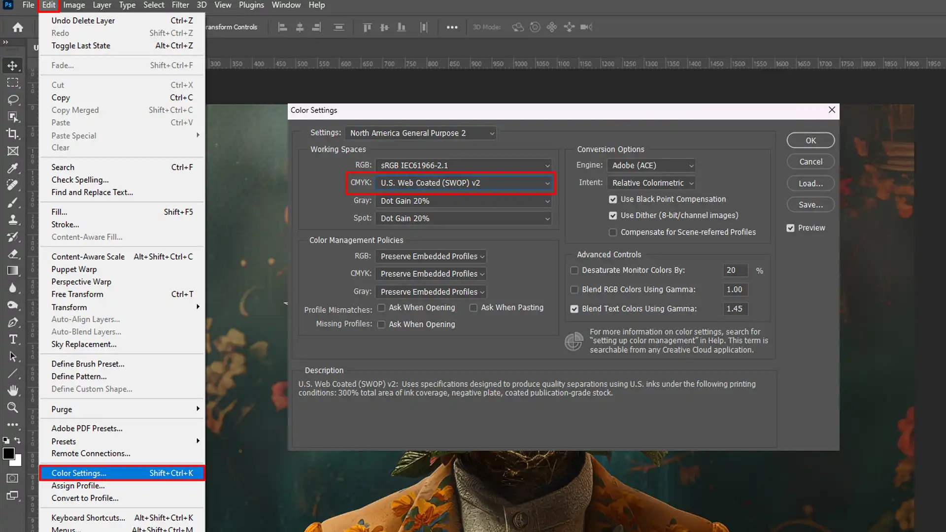 Photoshop interface with the Edit Color Settings menu open, highlighting the CMYK settings for U.S. Web Coated (SWOP) v2.