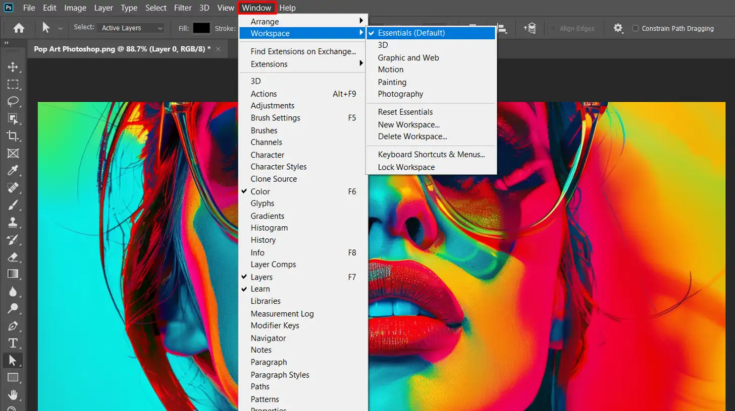 Photoshop interface with the Window menu open and the Essentials workspace highlighted