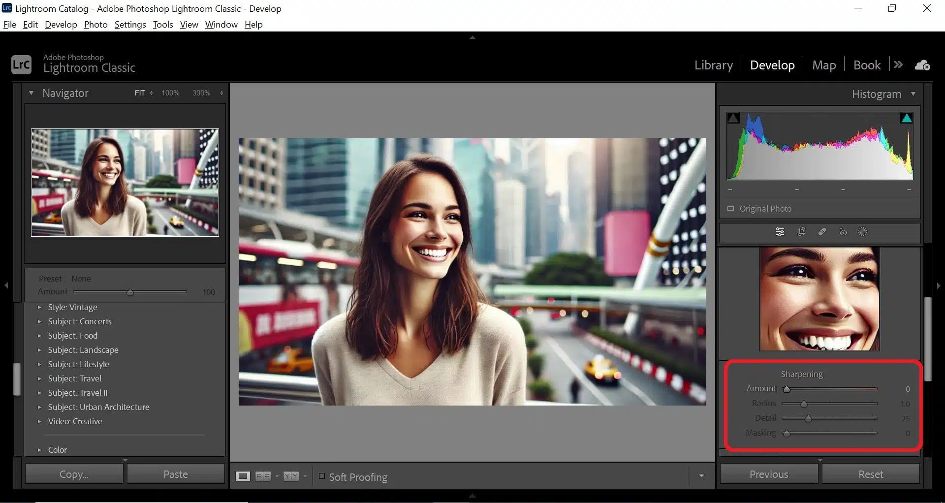 Adobe Lr interface showing a portrait of a smiling woman with editing tools visible. The interface includes sharpening options with sliders for amount, radius, detail, and masking.
