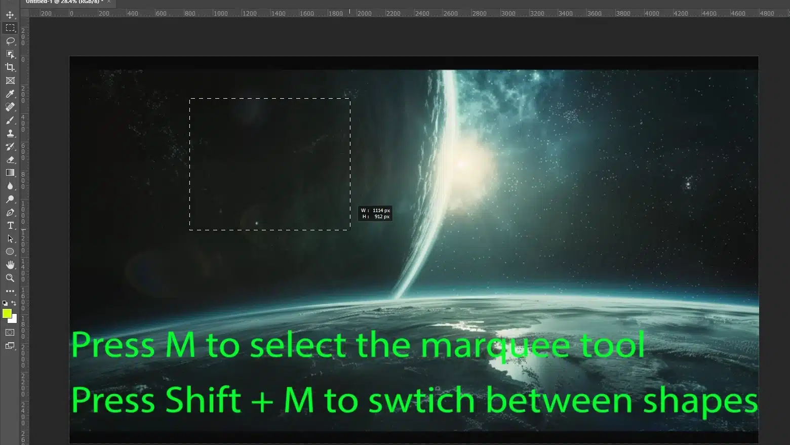 Rectangular marquee tool selection in Photoshop with keyboard shortcuts